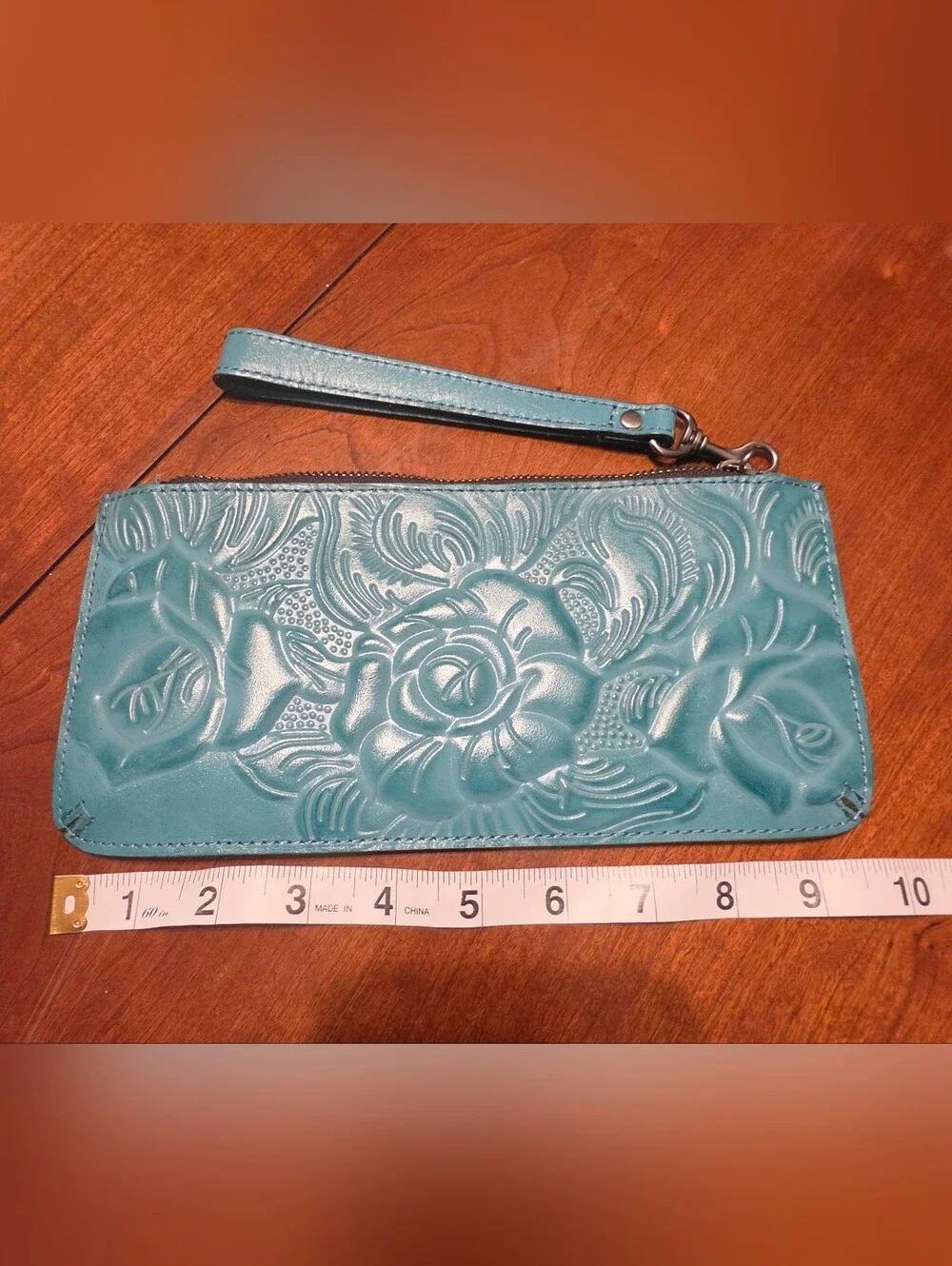 Patricia Nash Turquoise Embossed Leather Wristlet Wallet Clutch